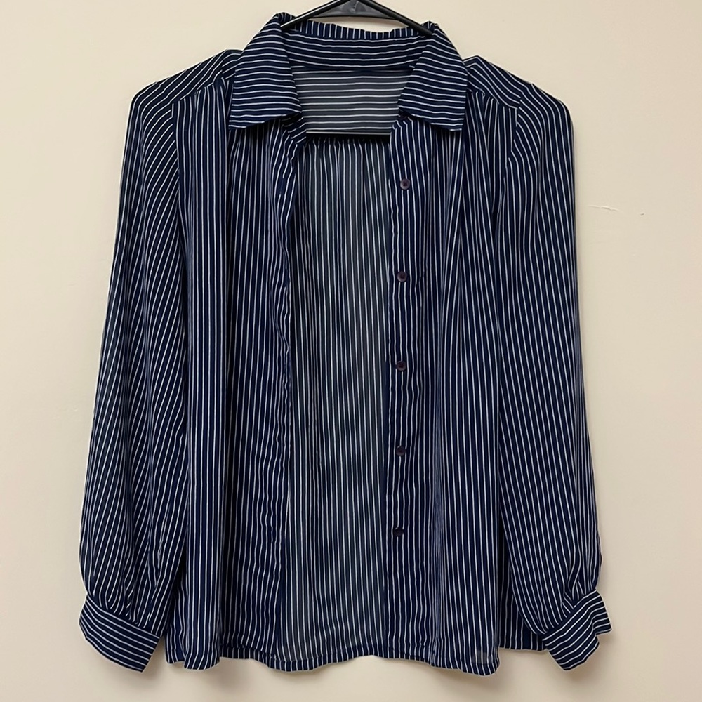 Navy Sheer Striped Button Down